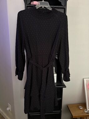 Black Long-Sleeve Tie-Waist Smock Neck Dress
